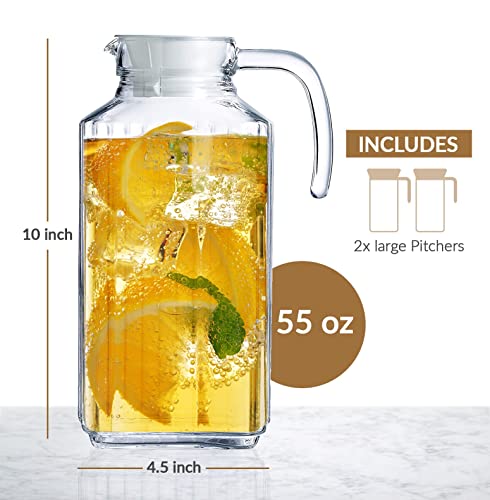 Glass Pitcher with Lid – Set of 2 Glass Water Pitcher 55Oz – Cold Carafe for Ice Tea, Water, Lemonade, Coffee – Elegant and Modern – Practical Spout Pitchers for Drinks