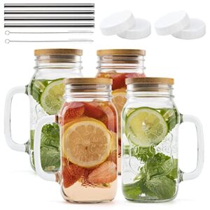 mason jar 24oz mason jar with lid and straw regular mason jar lids set of 4 mason jar cups with handles reusable boba cups travel bottle for iced coffee large pearl juice cocktail smoothie (4, 24oz)