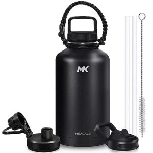 insulated water bottle 64oz with straw & 3 lids & paracord handle - half gallon metal bottle, large bpa free double stainless steel water jug, travel mug for sports outdoor, gym (black)