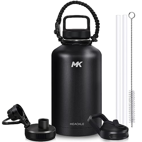 Insulated Water Bottle 64oz with Straw & 3 Lids & Paracord Handle - Half Gallon Metal Bottle, Large BPA Free Double Stainless Steel Water Jug, Travel Mug for Sports Outdoor, Gym (Black)