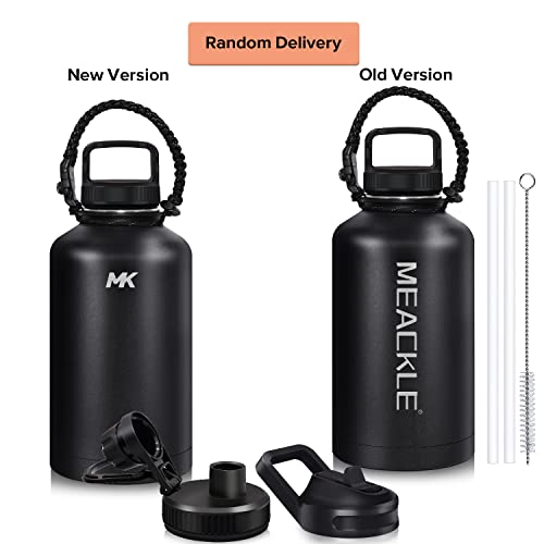 Insulated Water Bottle 64oz with Straw & 3 Lids & Paracord Handle - Half Gallon Metal Bottle, Large BPA Free Double Stainless Steel Water Jug, Travel Mug for Sports Outdoor, Gym (Black)