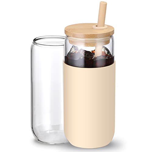 20oz Glass Water Tumbler with Silicone Protective Sleeve - Beer Can Shaped Glass Cups with Straw and Bamboo Lid, Iced Coffee Glasses, Cute Drinking Glasses for, Water Smoothie, Boba Tea, Gift - Amber