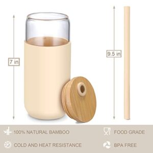 20oz Glass Water Tumbler with Silicone Protective Sleeve - Beer Can Shaped Glass Cups with Straw and Bamboo Lid, Iced Coffee Glasses, Cute Drinking Glasses for, Water Smoothie, Boba Tea, Gift - Amber