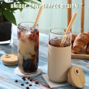 20oz Glass Water Tumbler with Silicone Protective Sleeve - Beer Can Shaped Glass Cups with Straw and Bamboo Lid, Iced Coffee Glasses, Cute Drinking Glasses for, Water Smoothie, Boba Tea, Gift - Amber