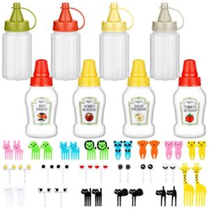 kritkin 8 pcs mini condiment bottles ketchup squeeze bottles with 36 pcs animal food picks for kids mini sauce bottle salad dressing container for camping office school kids bento box accessories