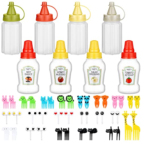 Kritkin 8 Pcs Mini Condiment Bottles Ketchup Squeeze Bottles with 36 Pcs Animal Food Picks for Kids Mini sauce Bottle Salad Dressing Container for Camping Office School Kids Bento Box Accessories