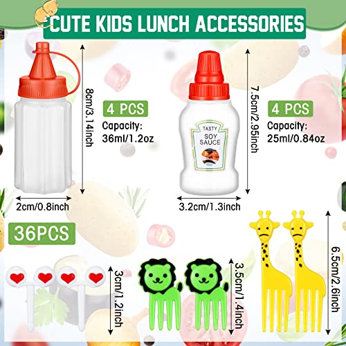 Kritkin 8 Pcs Mini Condiment Bottles Ketchup Squeeze Bottles with 36 Pcs Animal Food Picks for Kids Mini sauce Bottle Salad Dressing Container for Camping Office School Kids Bento Box Accessories