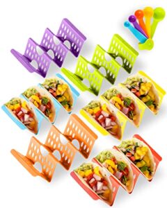 premium large taco holder stand, colorful taco holders set of 6 or 4, taco stands for 3 tacos, soft or hard taco shell holder, street taco rack, taco tray plates, bpa free, dishwasher&microwave safe