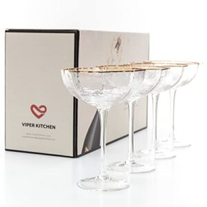 viper kitchen champagne coupe glasses set of 4 - cocktail glassware with art deco gold rim for vintage martini, manhattan, or daiquiri - speakeasy style glass 5 oz