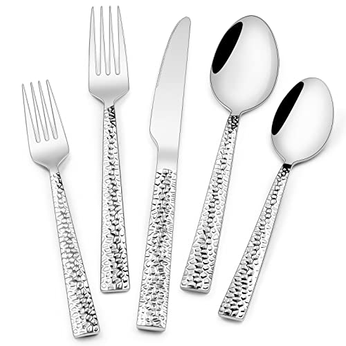 Hammered Silverware Set, 40-Piece Stainless Steel Square Flatware Set for 8, Food-Grade Tableware Cutlery Set, Utensil Sets for Home Restaurant, Mirror Finish, Dishwasher Safe