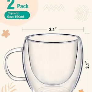 OYY 5oz Glass Coffee Mugs Set of 2, Double Wall clear Coffee Cup with Handle, Expresso Coffee glass mugs with Spoons, Insulated Coffee Glass Suit for Espresso Machine, Latte, Beverage, Tea, cappuccino