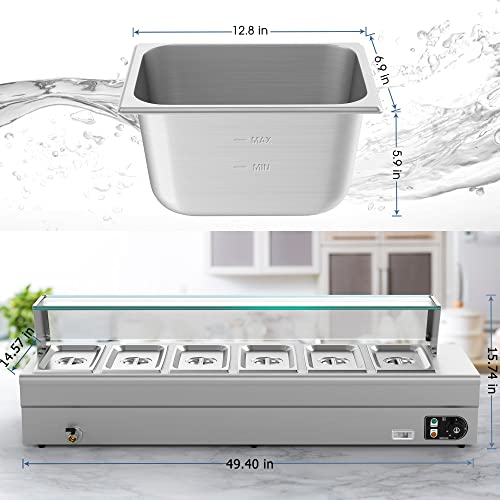 Worcest 6 Pan Commercial Food Warmer 110v 1500w Electric Stainless Steel Bain Steam Table Food Warmer with Large Capacity Pans for Catering and Parties Restaurants Business Occasion (110v 6-Pan)