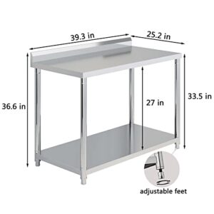 Stainless Steel Table for Prep & Work 40 x 25 Inches, Heavy Duty Commercial Work Table with Undershelf and Backsplash, Metal Prep Table for Outdoor, Indoor, Commercial Restaurant, Kitchen, Cafe, Hotel