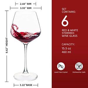 UMI UMIZILI Wine Glasses 15.5oz, Set of 6 Wine Glass for Red White Wine, Long Stem Glassware, Clear, Dishwasher Safe