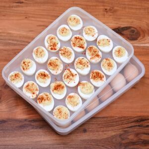 serve perfect deviled eggs with ease - 2 clear egg containers with lid hold 48 eggs, easy pipe filling and carry, dishwasher safe carrier, stackable, bpa-free, party-ready for delicious results