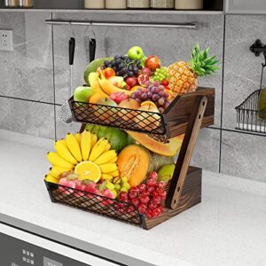 Dorhors Fruit Basket for Kitchen, 2 Tier Fruit Bowl,Kitchen Counter Organizer,Wooden Fruit Holder for Kitchen Countertop,Bread Fruit Vegetable Storage Basket Stand