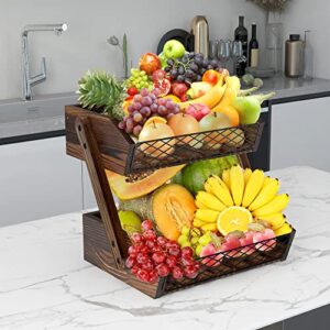 Dorhors Fruit Basket for Kitchen, 2 Tier Fruit Bowl,Kitchen Counter Organizer,Wooden Fruit Holder for Kitchen Countertop,Bread Fruit Vegetable Storage Basket Stand