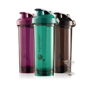 super hydro protein shaker bottle [3 pack] - 28 oz. bpa-free shakers for protein shakes, water shaker cup for gym, office travel (charcoal, forest, plum)