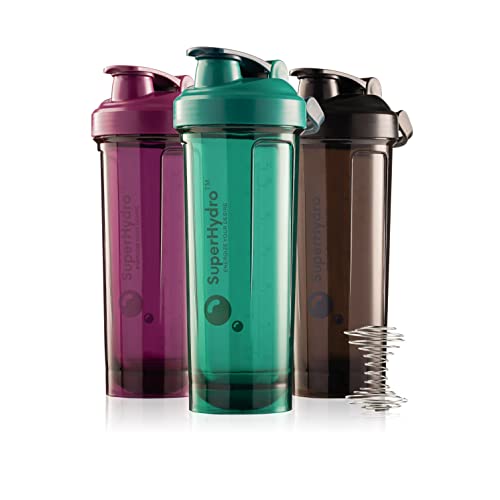 Super Hydro Protein Shaker Bottle [3 PACK] - 28 Oz. BPA-Free Shakers For Protein Shakes, Water Shaker Cup for Gym, Office Travel (Charcoal, Forest, Plum)