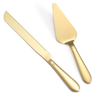 cake cutting set for wedding, elegant cake knife and server set with thickened stainless steel and rounded edges, cake cutter and pie spatula for birthday anniversary christmas gift set of 2, gold