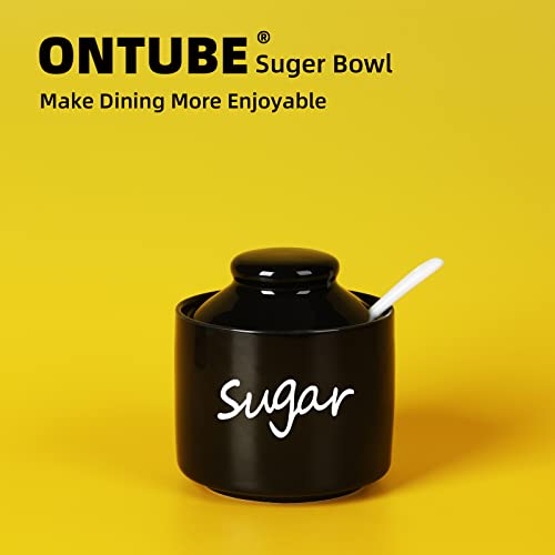 ONTUBE Ceramic Sugar Bowl with Lid and Spoon,Porcelain Sugar Pot,8oz (Black)