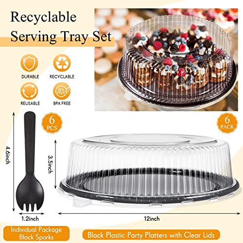 6 Pack 12 Inch Heavy Duty Serving Tray with Clear Lid and Sporks, Large Plastic Tray with Elegant Platter Round Black Disposable for Salad Sandwich Party Takeout Food Catering Picnic