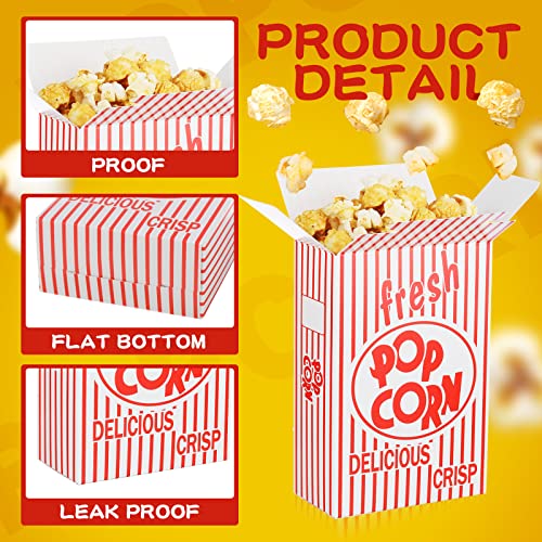 Riosy 200 Pieces Popcorn Boxes Red and White Popcorn Containers Bulk Close Top Paper Popcorn Box Party Favor for Movie Parties and Theater Night, 6 x 4 x 2 Inch