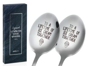 engraved ice cream spoon gifts for couple on anniversary, 2 pcs personalized coffee spoon stainless steel, to a lifetime of ice cream together, couple gifts for him and her on valentines day