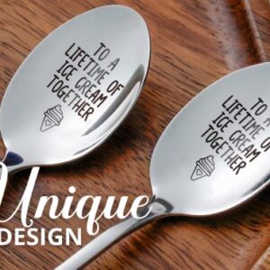 Engraved Ice Cream Spoon Gifts for Couple on Anniversary, 2 Pcs Personalized Coffee Spoon Stainless Steel, To a Lifetime of Ice Cream Together, Couple Gifts for Him and Her on Valentines Day