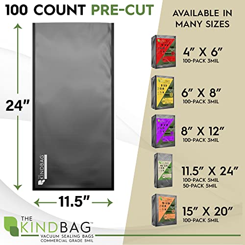 The Kind Bag Vacuum Seal Bags for Food; Food Grade, BPA Free & Freezer Safe; Airtight, Odor Free and Moisture Free; Commercial Grade 5mil Clear & Black; 11.5x24 inch Pre Cut Bags (100 ct)