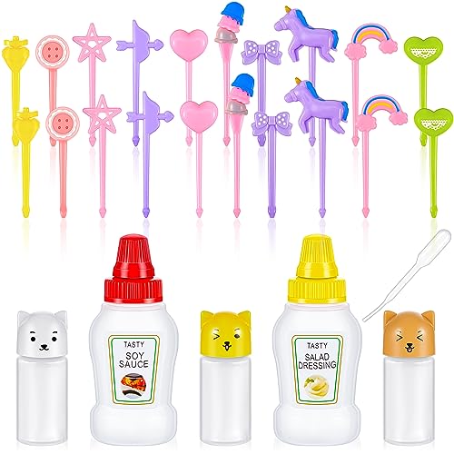 26 Pcs Lunch Bento Soy Sauce Case Container 5 Mini Plastic Condiment Squeeze Bottles Cute Kids Lunch Accessories with Dropper 20 Animal Food Picks for Honey Salad Sauces Oil Ketchup (Vivid Style)