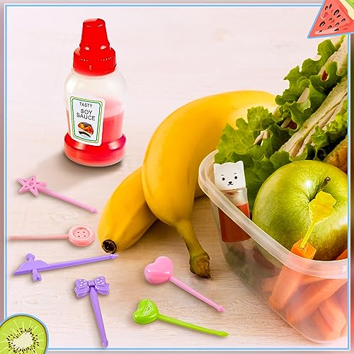 26 Pcs Lunch Bento Soy Sauce Case Container 5 Mini Plastic Condiment Squeeze Bottles Cute Kids Lunch Accessories with Dropper 20 Animal Food Picks for Honey Salad Sauces Oil Ketchup (Vivid Style)