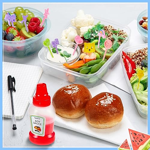 26 Pcs Lunch Bento Soy Sauce Case Container 5 Mini Plastic Condiment Squeeze Bottles Cute Kids Lunch Accessories with Dropper 20 Animal Food Picks for Honey Salad Sauces Oil Ketchup (Vivid Style)