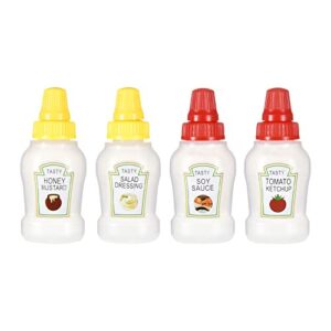 jspupifip 4pcs mini ketchup bottles with sturdy screw cap,25ml mini condiment squeeze bottles portable honey sauce salad dressing dispensers jars containers for kids adults lunch box(2 yellow+2 red)