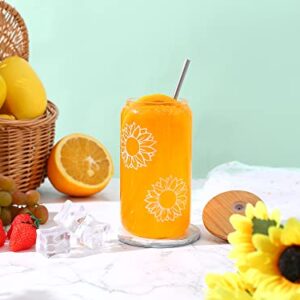 Sunflower Gifts for Women - Sunflower Cup with Bamboo Lids and Straw, Cute Sunflower Cups, Beer Can Shaped Drinking Glass Cup, Inspirational Sunshine Birthday Christmas Gifts for Mom - 16 oz Can Glass