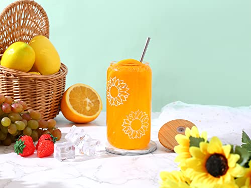 Sunflower Gifts for Women - Sunflower Cup with Bamboo Lids and Straw, Cute Sunflower Cups, Beer Can Shaped Drinking Glass Cup, Inspirational Sunshine Birthday Christmas Gifts for Mom - 16 oz Can Glass