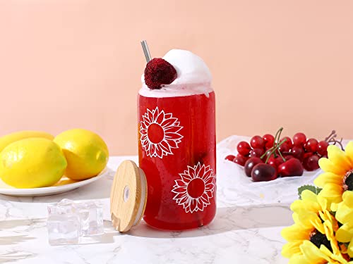 Sunflower Gifts for Women - Sunflower Cup with Bamboo Lids and Straw, Cute Sunflower Cups, Beer Can Shaped Drinking Glass Cup, Inspirational Sunshine Birthday Christmas Gifts for Mom - 16 oz Can Glass