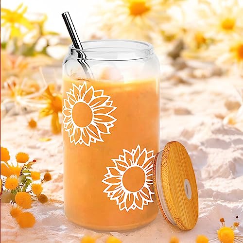 Sunflower Gifts for Women - Sunflower Cup with Bamboo Lids and Straw, Cute Sunflower Cups, Beer Can Shaped Drinking Glass Cup, Inspirational Sunshine Birthday Christmas Gifts for Mom - 16 oz Can Glass