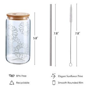 Sunflower Gifts for Women - Sunflower Cup with Bamboo Lids and Straw, Cute Sunflower Cups, Beer Can Shaped Drinking Glass Cup, Inspirational Sunshine Birthday Christmas Gifts for Mom - 16 oz Can Glass