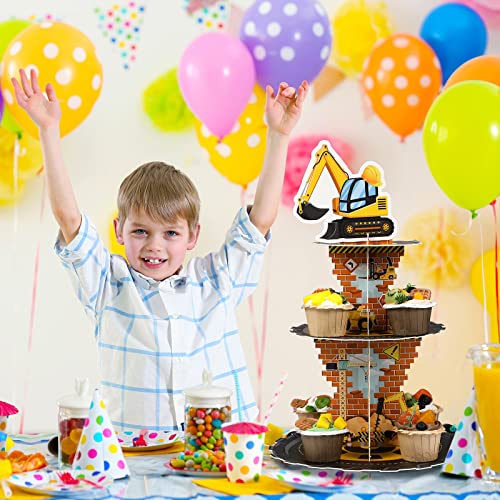 Construction Birthday Decorations 3 Tier Construction Theme Cupcake Stand Cardboard Dump Truck Dessert Stand Cake Display Tower Holder Cupcake Serving Stand for Construction Baby Shower Party Supplies