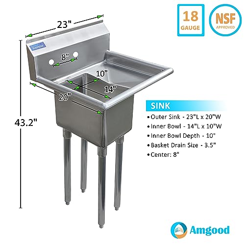 One Compartment Stainless Steel Commercial Kitchen Prep & Utility Sink with 10” Right Drainboards | Bowl Size 10" x 14" X 10" | NSF