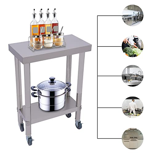 Stainless Steel Table with Wheels 24 x 12Inches, Stainless Steel Table for Prep & Work, Commercial Heavy Duty Food Prep Worktable with Undershelf for Restaurant, Home and Hotel