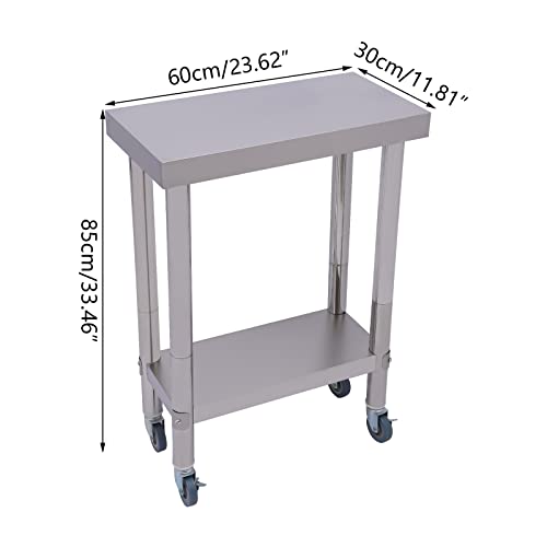 Stainless Steel Table with Wheels 24 x 12Inches, Stainless Steel Table for Prep & Work, Commercial Heavy Duty Food Prep Worktable with Undershelf for Restaurant, Home and Hotel