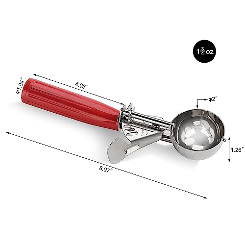 New Star Foodservice 537720 Commercial-Grade Thumb Press Food Disher/Ice Cream Scoop, 18/8 Stainless Steel, 1.75 oz, Size 24, Red