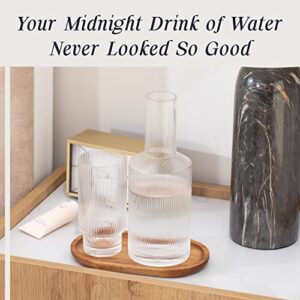 Bedside Water Carafe Set with Glass Drinking Cup and Acacia Wood Tray for Nightstand - Large 27 ounce Capacity Makes Staying Hydrated Easy