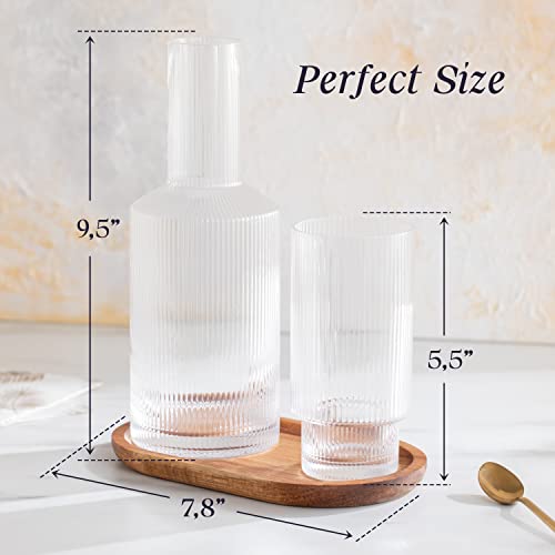 Bedside Water Carafe Set with Glass Drinking Cup and Acacia Wood Tray for Nightstand - Large 27 ounce Capacity Makes Staying Hydrated Easy