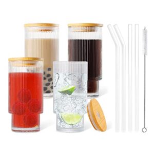 docemora ribbed glass cups with bamboo lids and glass straws set of 4, fluted vintage ripple clear glassware, reusable origami style drinking glasses for juice, iced coffee, tea and cocktail (11oz)