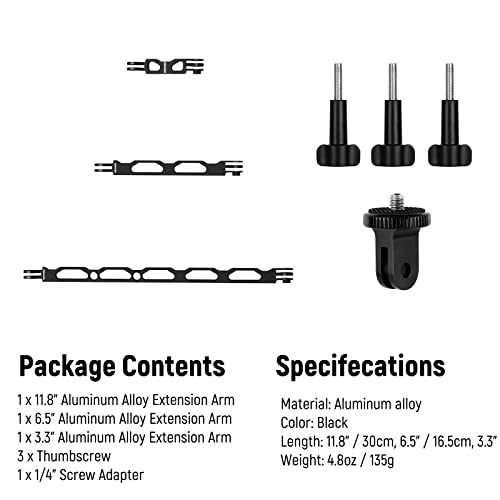 NEEWER Aluminum Alloy Extension Arm (11.8”/6.5”/3.3”) Set for Action Camera, with 3 Thumbscrews and a 1/4” Screw Adapter, Compatible with GoPro Hero11 10 9 8 7 Insta360 DJI Osmo Action 3, GP-11