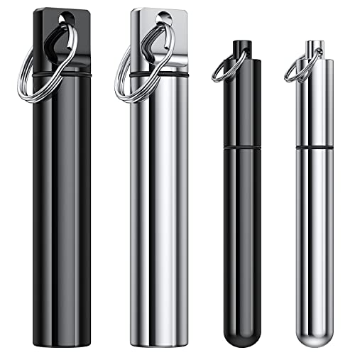 4 Pieces Metal Portable Toothpick Holder, aluminum alloy Pocket Toothpick Holder Aluminum Waterproof Case Toothpick Container with Keychain for Outdoor Picnic and Camping(Silver, Black)