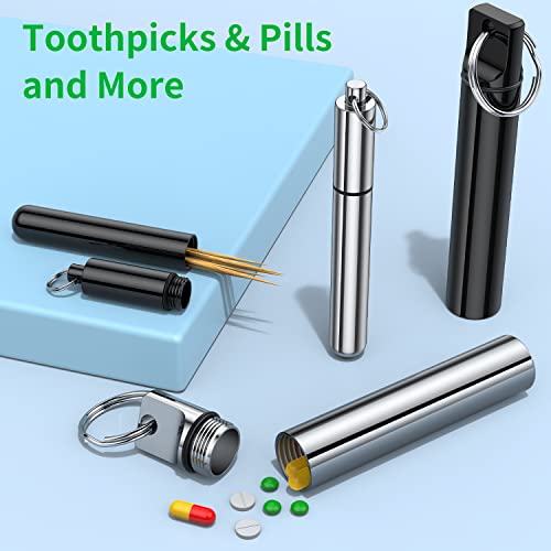 4 Pieces Metal Portable Toothpick Holder, aluminum alloy Pocket Toothpick Holder Aluminum Waterproof Case Toothpick Container with Keychain for Outdoor Picnic and Camping(Silver, Black)